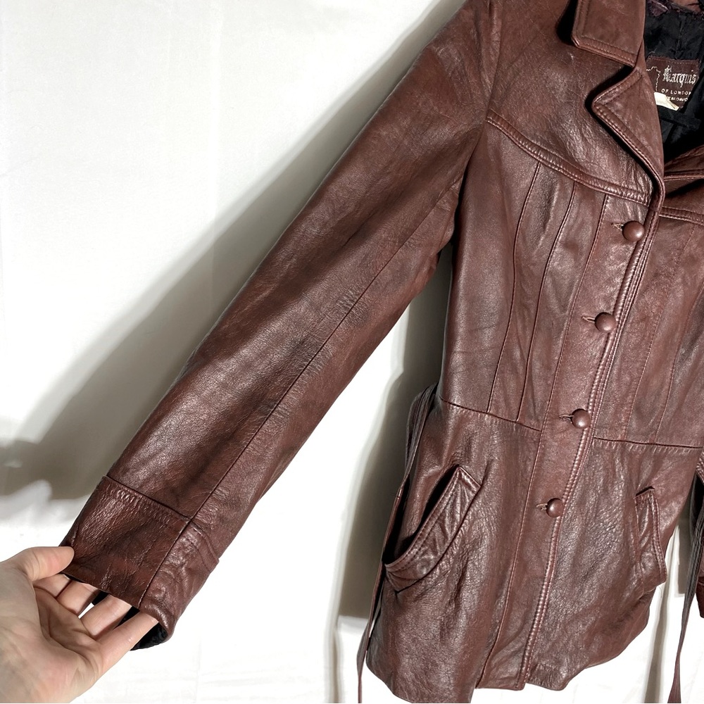 Vintage Marquis Of London Reddish Brown Belted Leather Jacket XS - Picture 12 of 16